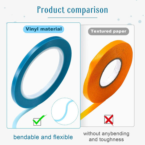Vinyl Pinstripe Masking Tapes Six Pack High Temp Low Tack Automotive Painter Tape comparison with flexible vinyl and rigid paper.
