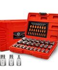 Heavy Duty 25-Piece Screw Extractor Set With Hex Head And Multi Spline Bits in open red case, short view