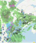 Weather map showing precipitation data over New Brunswick region, Canada, with various rain measurements in blue and green.