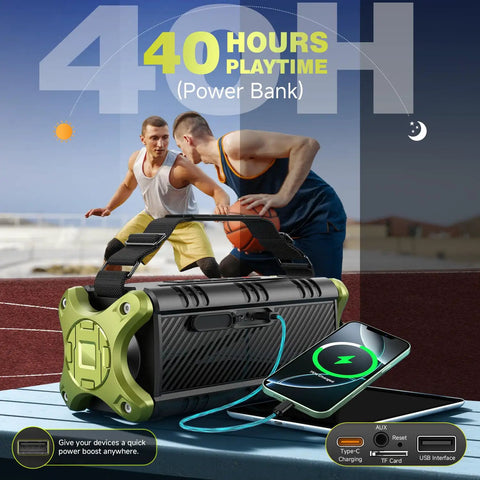 Portable Bluetooth Speaker with 90W Max Output and dual subwoofers resting on court, charging phone, 40 hours playtime featured