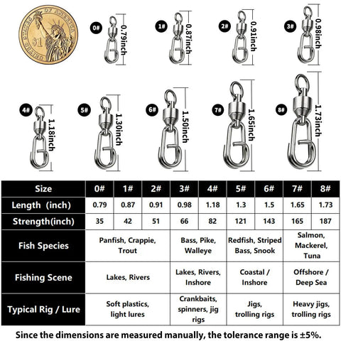 Ball Bearing Fishing Swivel With Quick Oval Split Rings, 8 Stainless Steel Balls For 360 Degree Rotation, Reduces Line Twist, Premium Upgrade For Faster Smoother Retrieves, size chart