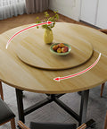 Solid Oak Wooden Rotating Serving Tray For Dining Table 23 Inch Round Spin Lazy Susan Style Thick And Heavy Duty Ideal For Entertaining Apps Dips And Condiments, shown on table with fruit bowl and arrows indicating spin direction.