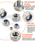 Nylon Insert Lock Nuts Set In 304 Stainless Steel, 140 Piece Assortment For M3 To M12, corrosion resistant steel nuts with nylon inserts.