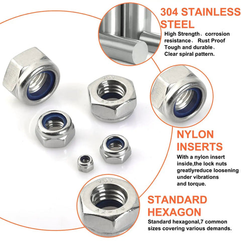 Nylon Insert Lock Nuts Set In 304 Stainless Steel, 140 Piece Assortment For M3 To M12, corrosion resistant steel nuts with nylon inserts.