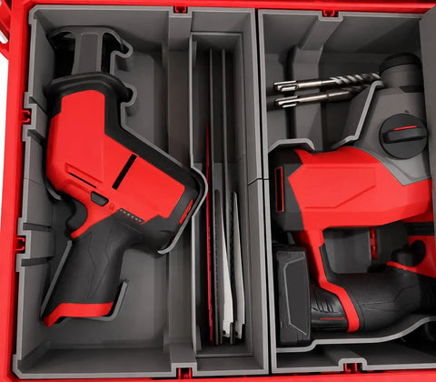 Heavy Duty Tool Storage Insert For Packout Drawer Systems With Dual Part Locking And Removable Blade Tray Keeps Reciprocating Saw Blades And Hackzall Accessories Organized In 2 And 3 Drawer Setups showing inserted tools and accessories.