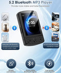 Clip-On 64GB MP3 Player With Bluetooth 5.2 On-The-Go Music Player with display showing time and icons for Bluetooth connectivity