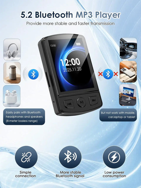 Clip-On 64GB MP3 Player With Bluetooth 5.2 On-The-Go Music Player with display showing time and icons for Bluetooth connectivity