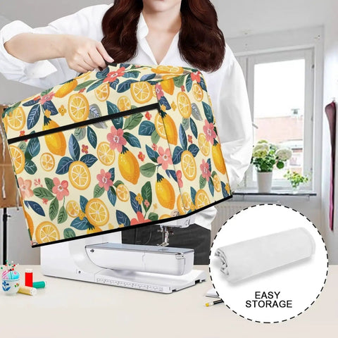 Lemon Sewing Machine Dust Cover With Side Pocket Universal Fit For Most Singer And Brother Machines shown with easy storage feature