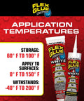 Super Slick Rubberized Waterproof Adhesive Blends Clear Paste, temperature guidelines for application, storage, and bonding.