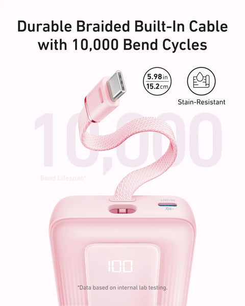 Durable Braided Built-In Cable with 10000 Bend Cycles on a pink power bank, size 5.98 in, stain-resistant, for reliable charging.
