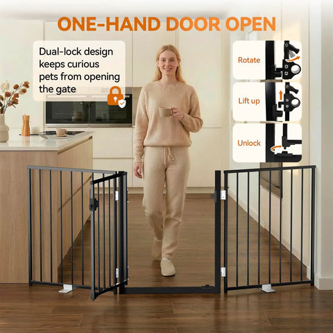 Extra Wide 60 Inch Free Standing Dog Gate For Home Doorways with a woman using the dual-lock system in a modern kitchen.