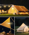 3 In 1 Camping Light And String Set With 32.8 Ft Reach, illuminating tent and outdoor area at night with LED lighting.