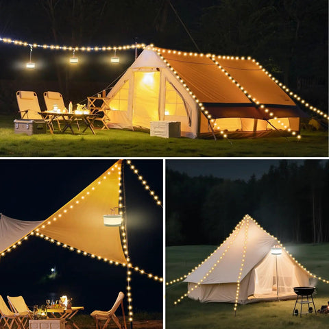 3 In 1 Camping Light And String Set With 32.8 Ft Reach, illuminating tent and outdoor area at night with LED lighting.