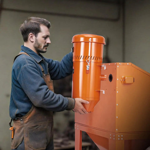 Person adjusting Beast 1.6 HP Dust Collector With Media Reclaimer, 1.8 Gallon Capacity, Universal Fit For Sandblaster Cabinets And Media Blasters.