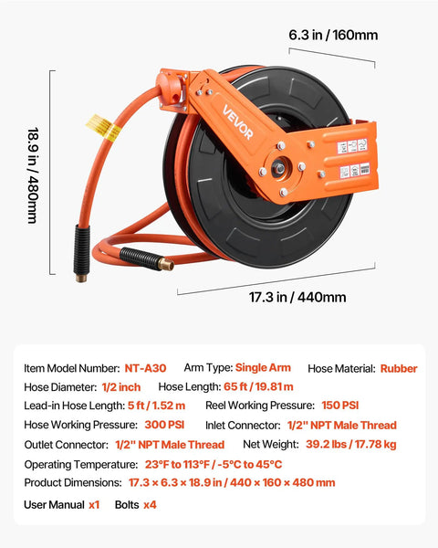 Heavy Duty Retractable Air Hose Reel Winds Sixty Five Feet Of One Half Inch Rubber Tubing featuring Auto Rewind and wall mount hardware.