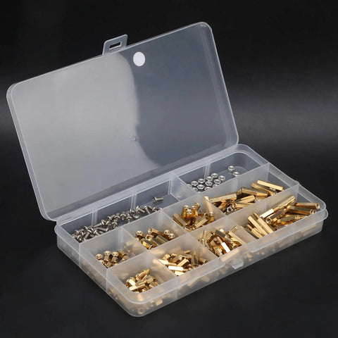 Hex Standoff Spacer Kit With 300 Pieces In Brass And Plated Iron, Multipurpose Mounting Pillars For Motherboard And Electronics DIY Projects, Workhorse Durability And Easy Install Fastener System in organizer case