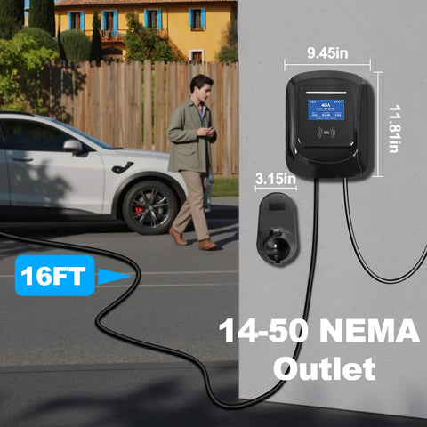 Level Two Electric Vehicle Charger Station Featuring 240V And 40A Wiring For Fast 9.5KW Power Delivery with 16FT NEMA outlet and user.