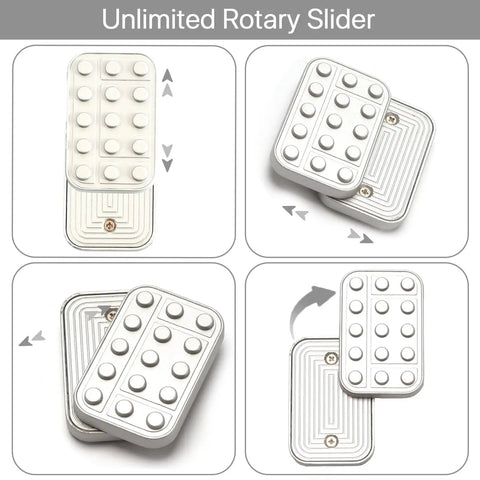 Heavy Duty Metal Fidget Slider Featuring Unlimited Rotary Push Brick Design For Adults ADHD Anxiety And Stress Relief Smooth As Butter Gliding Action Kick Back And Chill Anytime in silver with rotary push blocks.