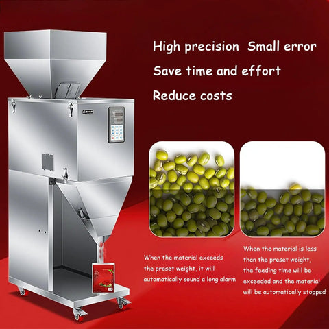 Slick Stainless Steel Automatic Particle Filler Machine With Smart Digital Hopper Plus Three Speed Controls For Flour Beans Rice Spot On Weight Scaling No Sweat Packaging Setup Up To Five Thousand Grams, featuring digital settings and user interface.