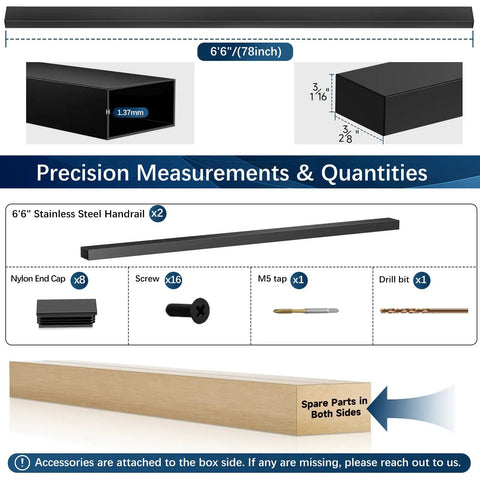 Kickass Black Stainless Steel Handrail For Cable Railing System 6 Foot 6 Inch Length Two Pack with precision measurements and parts.