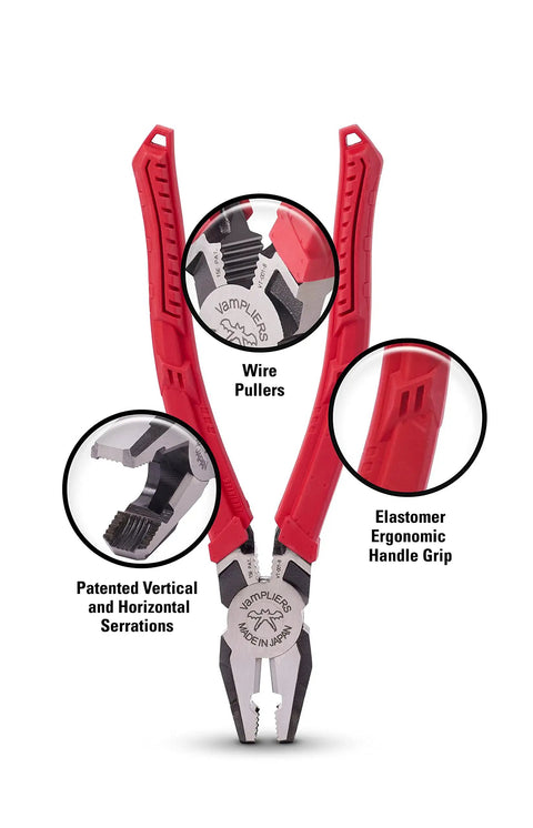 Japan Made 2 Piece 8 Inch Linesman Pliers And Recessed Screw Extractor Set showing ergonomic grips and serration features