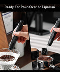 Retractable WDT Tool For Espresso Distribution And Stirring Magnetic Coffee Distributor in use with coffee grounds