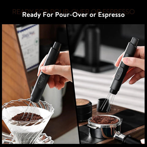 Retractable WDT Tool For Espresso Distribution And Stirring Magnetic Coffee Distributor in use with coffee grounds