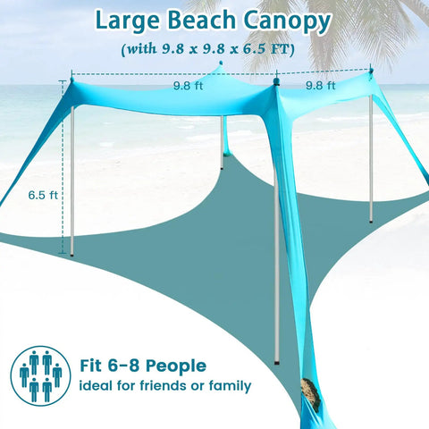 Light blue 10 X 10 Ft Beach Canopy Sun Shelter With UPF50 Plus UV Protection, sandbags, poles, set up on beach.