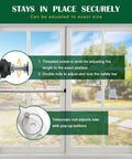 2 Pack Adjustable Window And Sliding Door Security Bar For Inside Use No Drilling Installation Heavy Duty Steel With Anti Slip Rubber Tips Fits 17 To 50 Inches Ideal For Apartments Patios And Sliding Glass Doors shown installed on a window with adjustable telescopic rod and rubber tips.