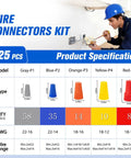 125 Pcs Wire Connectors Nuts Kit Durable Insulated Twist On Caps For Electrical Wiring Assorted Small Wire Caps Pro Grade For Home DIY Projects And Commercial Use displayed with specifications and worker.