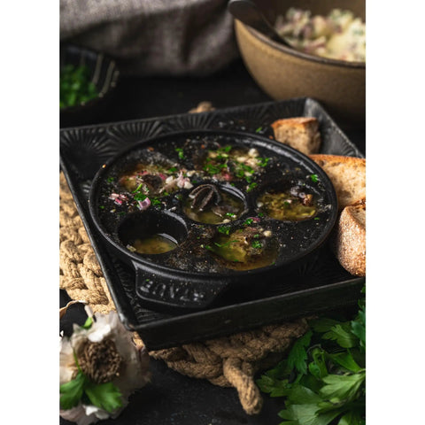 Cast Iron Escargot Dish With Six Holes, 5.75 Inch, Matte Black, Oven Safe To 500F, Brass Knob, Enamel Bottom, Works On All Stovetops
