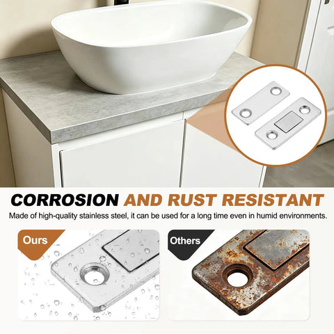 Comparison of Ultra Thin L Shape Stainless Steel Cabinet Door Magnets with rust-resistant finish and corroded alternative