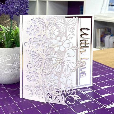 Delicate butterfly flower scrapbooking die cut card made using Butterfly Flower Scrapbooking Die Cuts For Card Making And DIY Album Decor Christmas Metal Cutting Dies Paper Craft Punch Template Background Embossing Stencil Set 7.8x15.8cm.