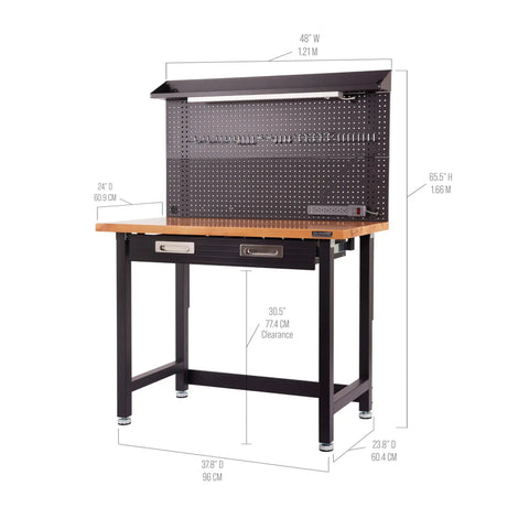 UltraHD Heavy Duty Lighted Work Center With Pegboard And Solid Wood Top, 500 Lb Capacity, Built Tough For Garage, Shop Or Warehouse, Graphite Powder-Coated Steel Frame, 48 W X 24 D X 65.5 H, front view showing dimensions.