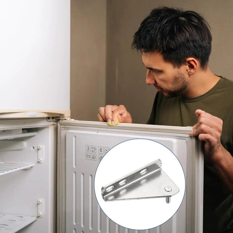 Stainless Steel Freezer Door Hinge Set Two Pack Outer Column Left Shaft 1.38 Inch Distance Replacement For Refrigerator Includes 6 Screws And 4 Bushings Heavy Duty Easy Install No Fuss visible on refrigerator door.