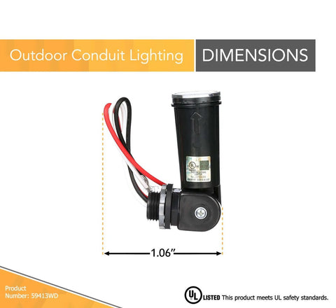 Outdoor Conduit Lighting Control With Photocell Sensor For Dusk To Dawn Auto Operation, shown with dimensions and weatherproof design