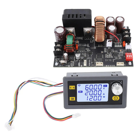Pro Grade CNC Adjustable DC Power Supply 0-60V 20A 1200W With LCD Display showing voltage and current output, circuit board top view