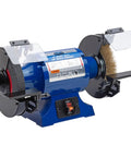Eight Inch Heavy Duty Bench Grinder Workhorse Gutsy One Horsepower Motor Spinning At Three Thousand Four Hundred Fifty Rpm with grinding and wire wheels.