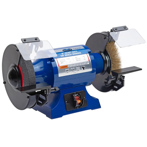 Eight Inch Heavy Duty Bench Grinder Workhorse Gutsy One Horsepower Motor Spinning At Three Thousand Four Hundred Fifty Rpm with grinding and wire wheels.