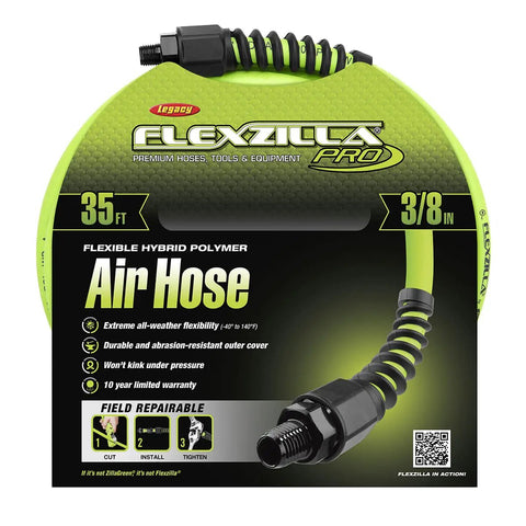 Pro Grade Air Hose 3/8 In X 35 Ft Hybrid Polymer packaging showing hose with durable cover and field repairable fittings.
