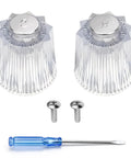 Two Pack Crystal Clear Acrylic Shower Knob Replacement Kit With Hot And Cold Buttons Universal Faucet Handle Repair Set Includes Screws And Driver For Easy Install On Bath And Shower Faucets, displaying acrylic knobs, screws, and driver