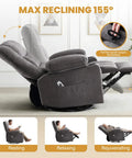 Relax In A 360 Swivel Rocker Recliner With Massage And Heat showcasing max reclining position and footrest handle.