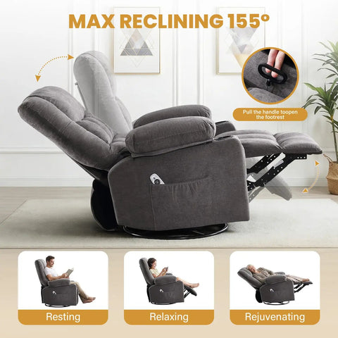 Relax In A 360 Swivel Rocker Recliner With Massage And Heat showcasing max reclining position and footrest handle.