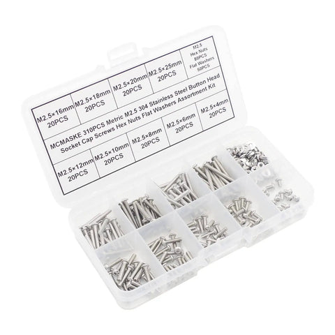 310 Pieces Metric M2.5 Stainless Steel Button Head Socket Cap Screws Hex Nuts Flat Washers Assortment Kit 304 Stainless Coarse Thread Great For DIY Projects in plastic case