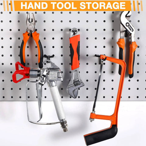 100 Pack Stainless Steel Pegboard Hooks, 4 Inch Black Wall Mount Pegboard Hangers For Garage Storage And Tool Organization, Heavy Duty, Compatible With 1/8 And 1/4 Inch Pegboards in use with tools
