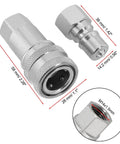 Front view of a two-piece hydraulic quick-connect coupler set with M14 threads; silver metal adapters.