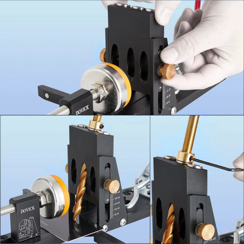 Close-up of Pocket Hole Jig Kit Second Generation Upgrade for Woodworking Projects DIY, showing steel structure and depth adjustments.