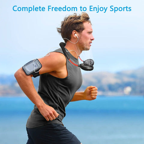 Man jogging with Neck Wearable Portable Fan With 2500mAh Battery USB Rechargeable Hands Free Dual Head Rotatable Mini Face Cooling Personal Fan