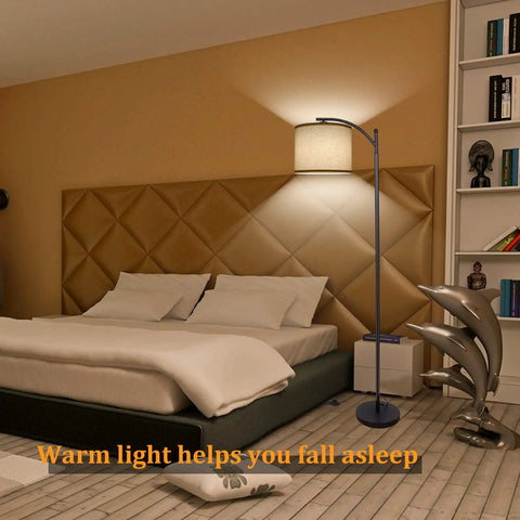 Lit Tall Arc Floor Lamp With Beige Linen Shade, Modern Standing Lamp in bedroom, 3 Color Temperature LED Bulb Included