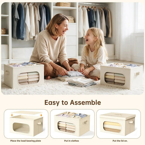 Large Cotton Linen Storage Bins With Lids 2 Pack Closet Organizer, beige bins for easy clothes organization with family.